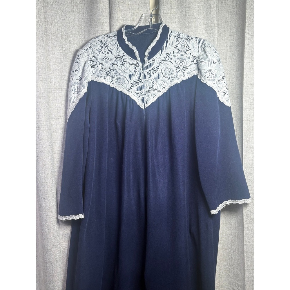 Vintage Navy Blue Lace Yoke Zip Front Maxi Nightgown House Dress 3/4 Sleeve